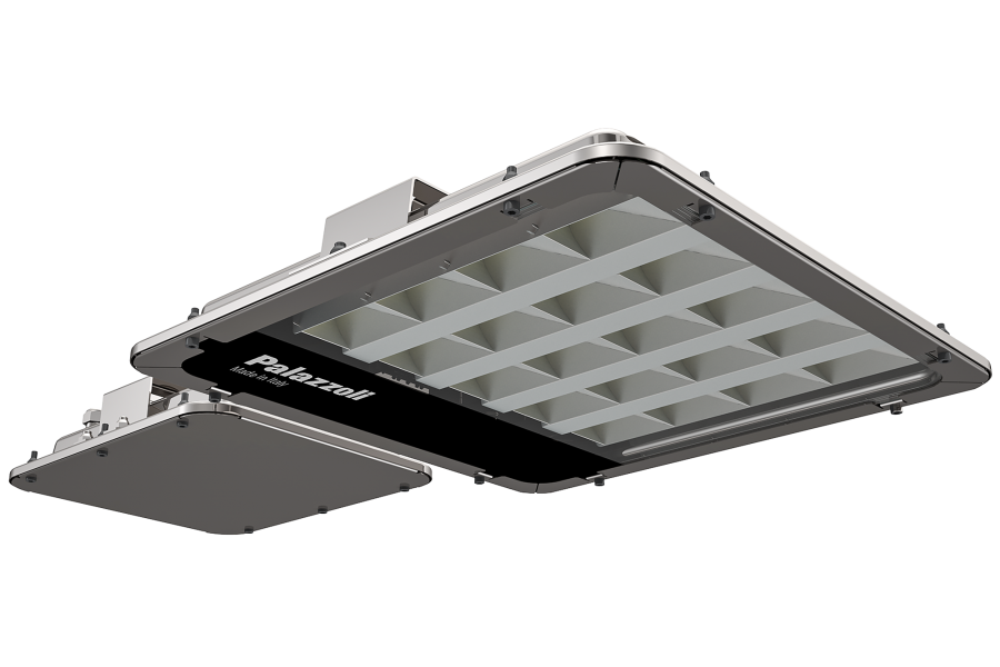 Tunnel floodlights in stainless steel size XL with axial counterbeam 55° and symmetrical transverse optics RS5, IP66